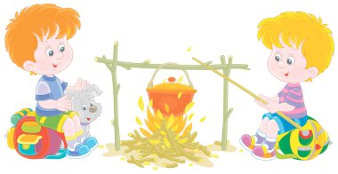 Orman kampında küçük bir yavrusu olan küçük izciler, dostça gülümsüyor, konuşuyor ve kamp ateşinde turistik bir tencerede lezzetli bir çorba pişiriyor, yaz tatilinde, vektör karikatür çizimlerinde