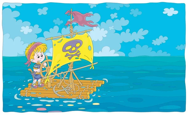 Happy Little Boy Playing Pirate Raft Sail Jolly Roger Steering — Stock Vector