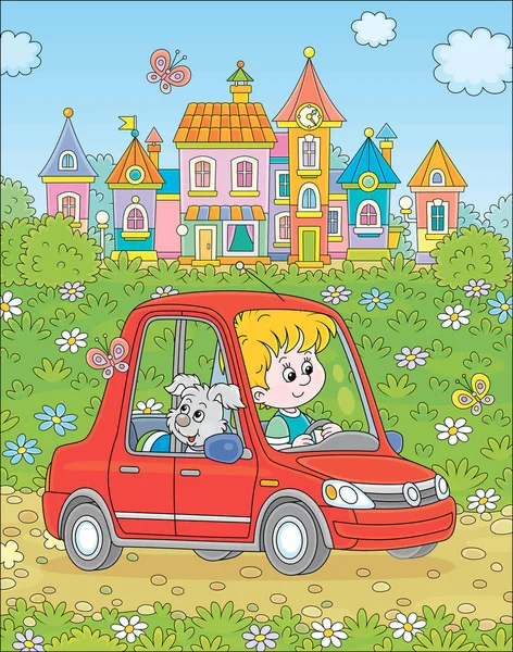 Χαμογελώντας Μικρό Αγόρι Χαρούμενα Κουτάβι Του Οδήγηση Ένα Κόκκινο Αυτοκίνητο — Διανυσματικό Αρχείο