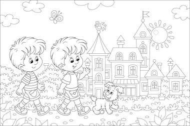 Mutlu küçük çocuklar gülümseyerek, konuşarak ve neşeli yavrularıyla birlikte güneşli bir yaz gününde küçük bir kasabanın güzel bir caddesinde yürüyorlar. Siyah beyaz çizgi film çizimleri.