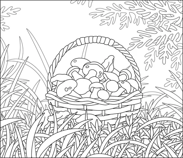 Великий Плетений Кошик Повний Вибраних Грибів Серед Трави Осінньому Лісі — стоковий вектор