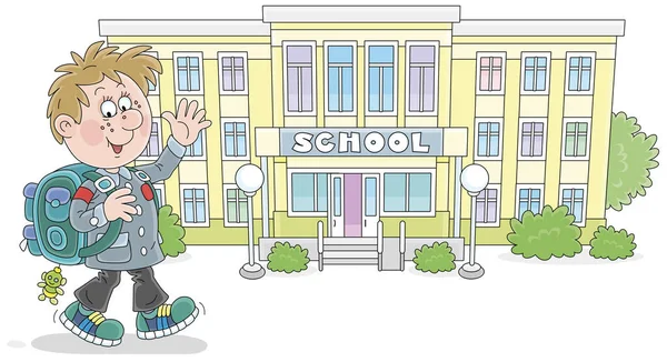 Sırt çantalı neşeli bir öğrenci okula gidiyor ve elini sallıyor. Beyaz bir arka planda izole edilmiş vektör karikatür çizimi.