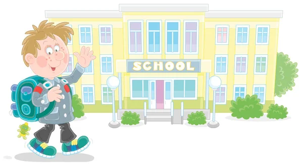 陽気女子高生バックパック付き学校に行くと挨拶で彼の手を振って ベクトル漫画イラストは白い背景に隔離 — ストックベクタ