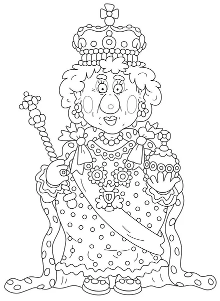 在一个正式的节日仪式上 女王身穿带有皇室标志的庄严皇家服装 在一个彩色的书页上画着黑白轮廓矢量卡通画 — 图库矢量图片