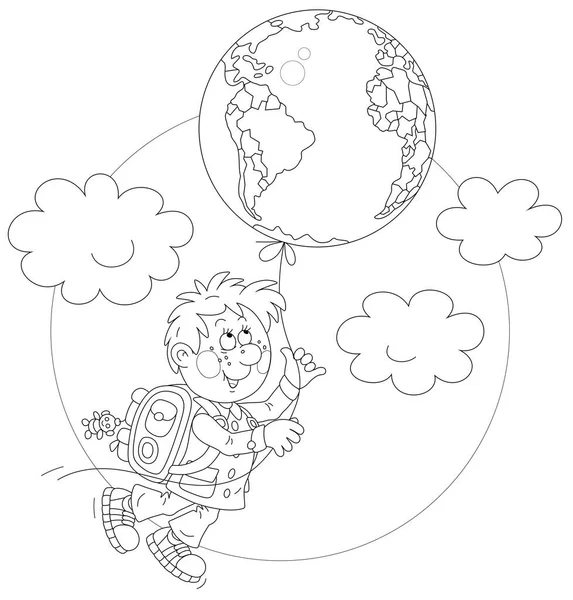 Écolier Joyeux Avec Ballon Volant Forme Globe Illustration Vectorielle Dessin — Image vectorielle