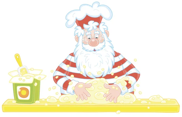 圣诞老人站在厨房桌旁 揉搓着白面团 准备做一个美味的假日派 作为节日的款待 — 图库矢量图片