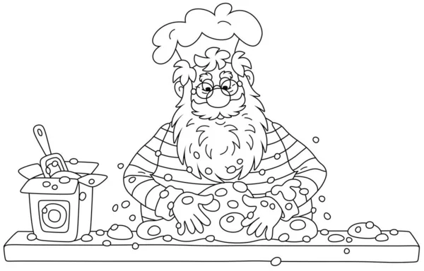 サンタクロースは彼のキッチンテーブルに立って 生地をこねておいしい休日のパイを調理するためにお祝いの御馳走 黒と白のアウトラインベクトル漫画のイラスト — ストックベクタ