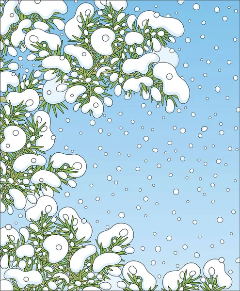 Christmas Background Snow Covered Green Fir Tree Branches Snowy Frosty — Stock Vector