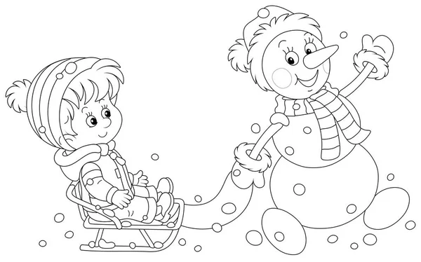 Divertido Muñeco Nieve Amable Sonriendo Agitando Mano Saludo Trineo Niño — Archivo Imágenes Vectoriales