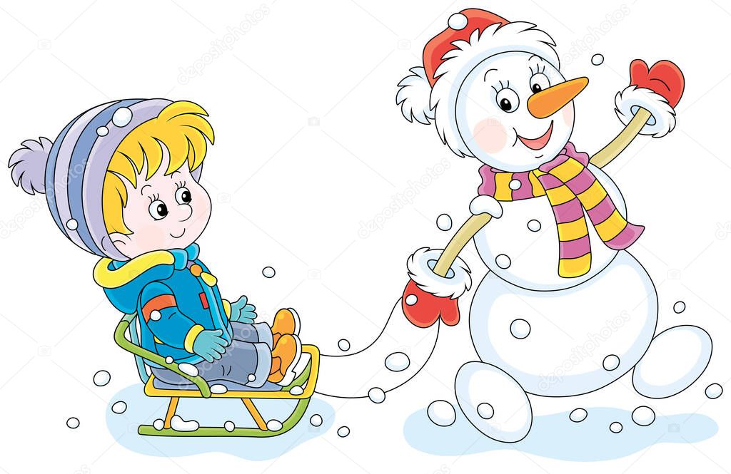 Funny snowman friendly smiling, waving its hand in greeting and sledding a happy little boy on a snowy winter day, vector cartoon illustration isolated on a white background