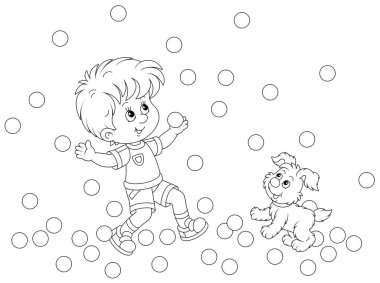 Mutlu küçük çocuk ve şirin yavrusu bir boyama kitabı sayfası için siyah-beyaz çizgili vektör çizim çizelgesinde küçük zıplayan toplarla oynuyorlar.