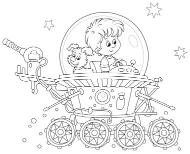 Küçük yavrusuyla birlikte Dünya gezegeninin ötesinde bir keşif gezisinde oyuncak bir ay aracına pilotluk yapıyor. Bir boyama kitabı sayfası için siyah-beyaz ana hatlı vektör çizimi.