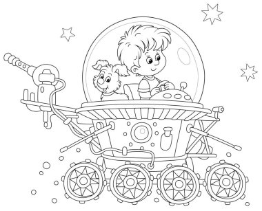 Little boy with his small pup piloting a toy lunar rover in an expedition somewhere beyond the planet Earth, black and white outline vector cartoon illustration for a coloring book page clipart