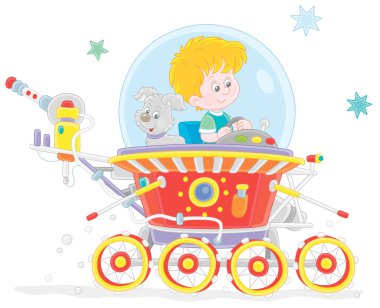 Little boy with his small pup piloting a toy lunar rover in an expedition somewhere beyond the planet Earth, vector cartoon illustration on a white background clipart