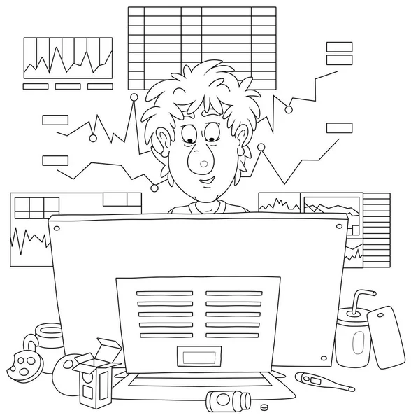 Funny Programmer Working His Computer Attentively Looking Monitor Black White — Stock Vector