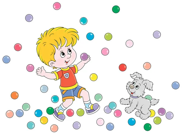 快乐的小男孩和他可爱的快乐的小狗在操场上玩跳彩球 在白色背景上孤立的矢量卡通画 — 图库矢量图片