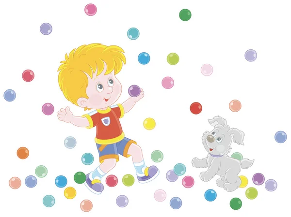 Счастливый Маленький Мальчик Милый Веселый Щенок Играющий Прыгающими Цветными Шариками — стоковый вектор
