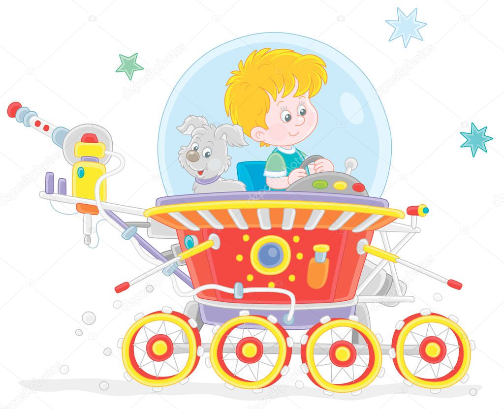 Little boy with his small pup piloting a toy lunar rover in an expedition somewhere beyond the planet Earth, vector cartoon illustration on a white background