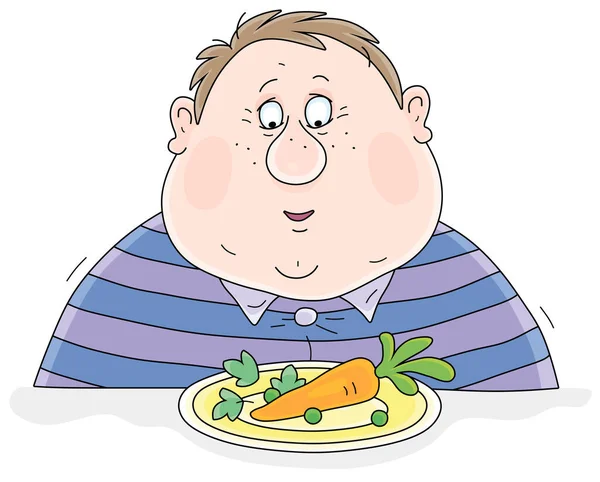 Vtipný Tlustý Chlapec Sedí Smutným Pohledem Před Svou Skromnou Večeři — Stockový vektor