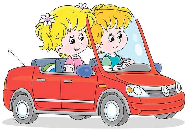 Little Girl Boy Driving Beautiful Red Toy Car Vector Cartoon — Stock Vector