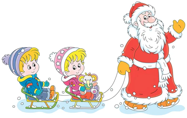 サンタクロースに優しい笑顔 挨拶に手を振って雪の冬の日に幸せな小さな子供たちをそり 白い背景に隔離されたベクトル漫画のイラスト — ストックベクタ