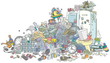 Beyaz arka planda izole edilmiş büyük dağınık ev çöplüğü ve atık, vektör karikatür çizimi