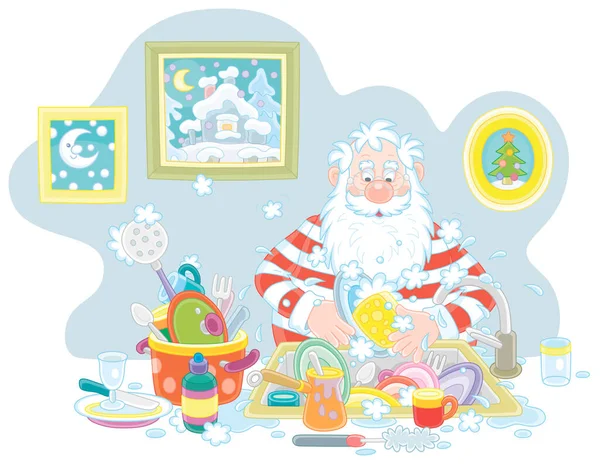 Santa Claus Washing Dishes Pans Forks Spoons Liquid Soap His — Stock Vector