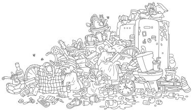 Büyük dağınık bir çöp yığını, siyah beyaz ana hatlı vektör çizimi.