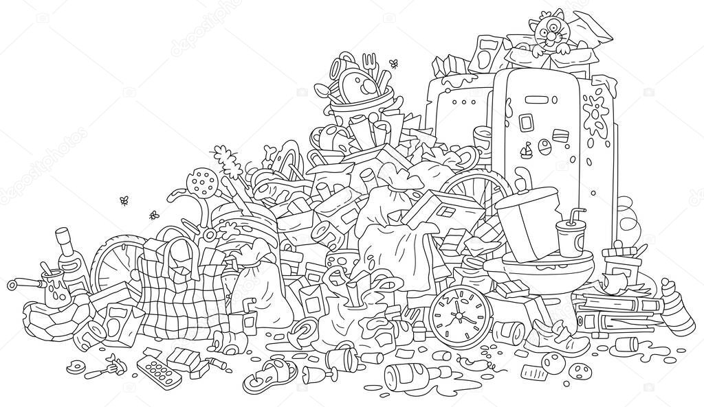 Big messy dump of household garbage and waste, black and white outline vector cartoon illustration