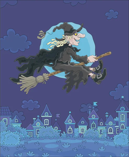 Ominosa Bruja Halloween Volando Escoba Mágica Sobre Una Pequeña Ciudad — Vector de stock