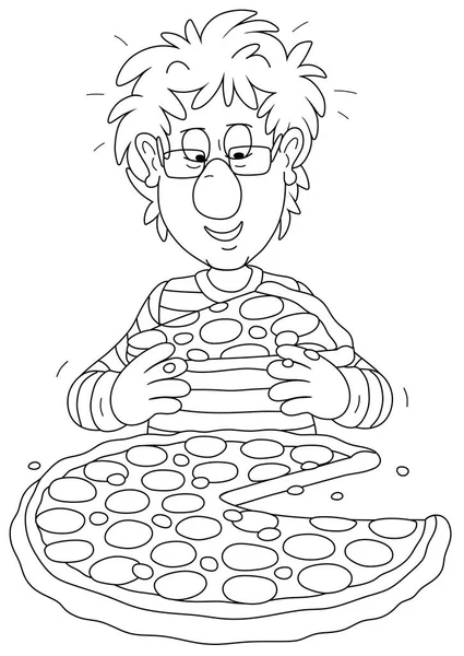 有趣的男孩在一个伟大的心情与一个大的美味意大利香肠披萨 黑色和白色矢量漫画为彩色的书页 — 图库矢量图片