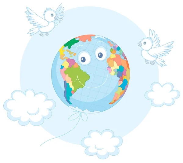 Tag Des Friedens Ein Lustiges Globus Freundlich Lächelnd Und Fliegen — Stockvektor
