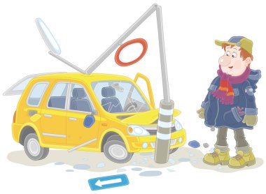 Sarı arabasıyla komik üzgün bir adam yolda sokak lambasına çarpmış, vektör karikatür çizimi beyaz arka planda izole edilmiş.