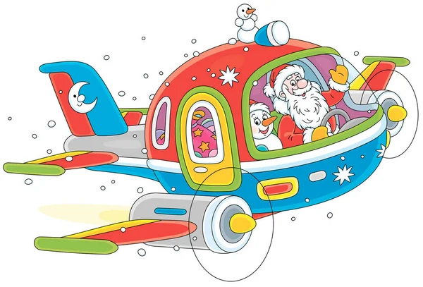 Santa Claus Con Muñeco Nieve Juguete Sonriendo Amigable Pilotando Avión — Archivo Imágenes Vectoriales