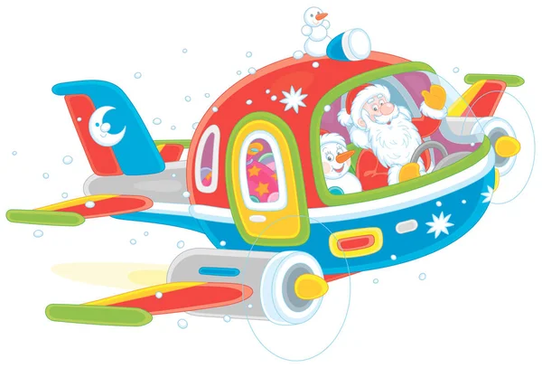 Papai Noel Com Boneco Neve Brinquedo Amigável Sorrindo Pilotando Avião — Vetor de Stock