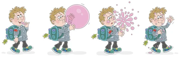 一个快乐的小学生背着背包步行去学校 用甜甜的口香糖吹出一个大泡泡的漫画片断 — 图库矢量图片