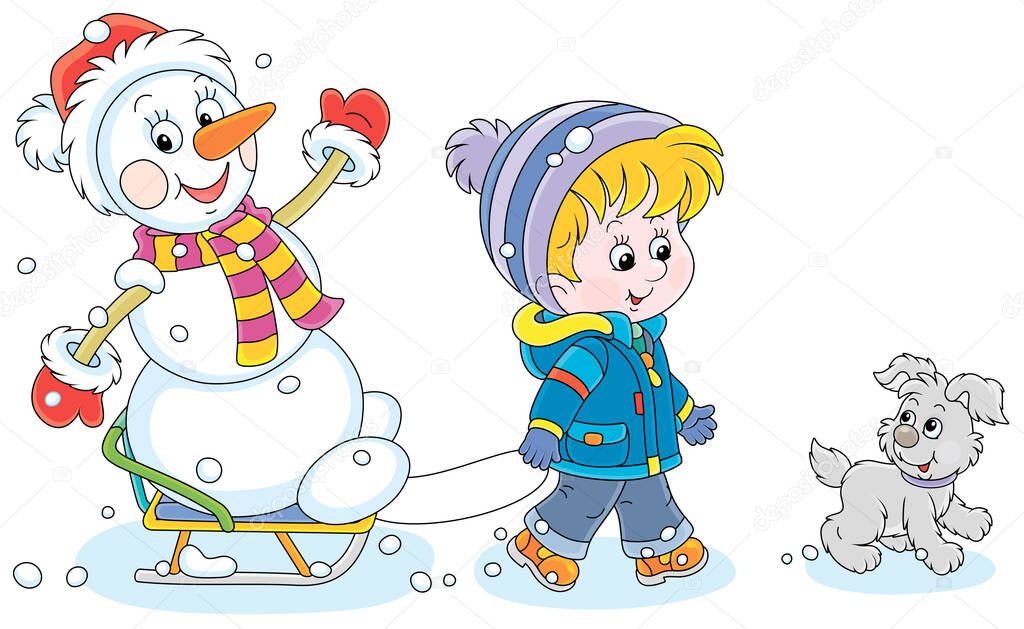 Happy little boy walking with his merry pup and sledding a funny snowman, vector cartoon illustration isolated on a white background