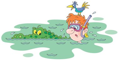 Maskeli ve şnorkel yüzen cesur bir dalgıcın tehlikeli macerası kızgın yeşil timsah yakınlarındaki tropikal bir gölde, beyaz arka planda izole edilmiş vektör karikatür çizimi.