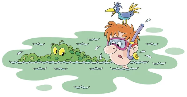 怒っている大きな緑のワニ 白い背景に隔離されたベクトル漫画のイラストの近くの熱帯の湖でマスクとシュノーケリングスイミングと面白い愚かなダイバーの危険な冒険 — ストックベクタ