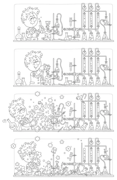 Comic Strip Funny Schoolboy Big Scientific Idea Making Explosion Dangerous — Stock Vector