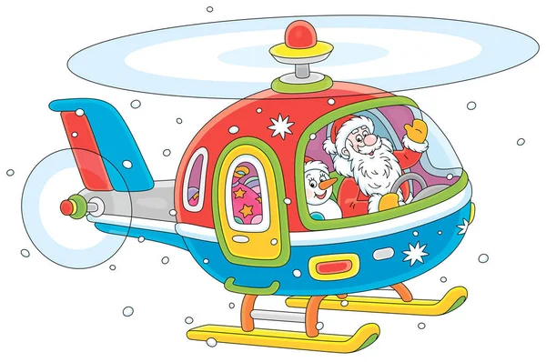 圣诞老人带着玩具雪人的友善微笑 挥手致意 驾驶着一架五颜六色的直升机 带着圣诞礼物 白色背景上的矢量卡通画 — 图库矢量图片