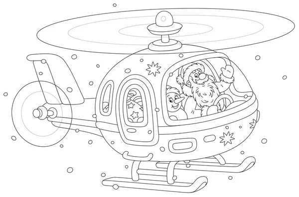 Санта Клаус Игрушечным Снеговиком Дружелюбно Улыбается Машет Приветствии Пилотирует Вертолет — стоковый вектор