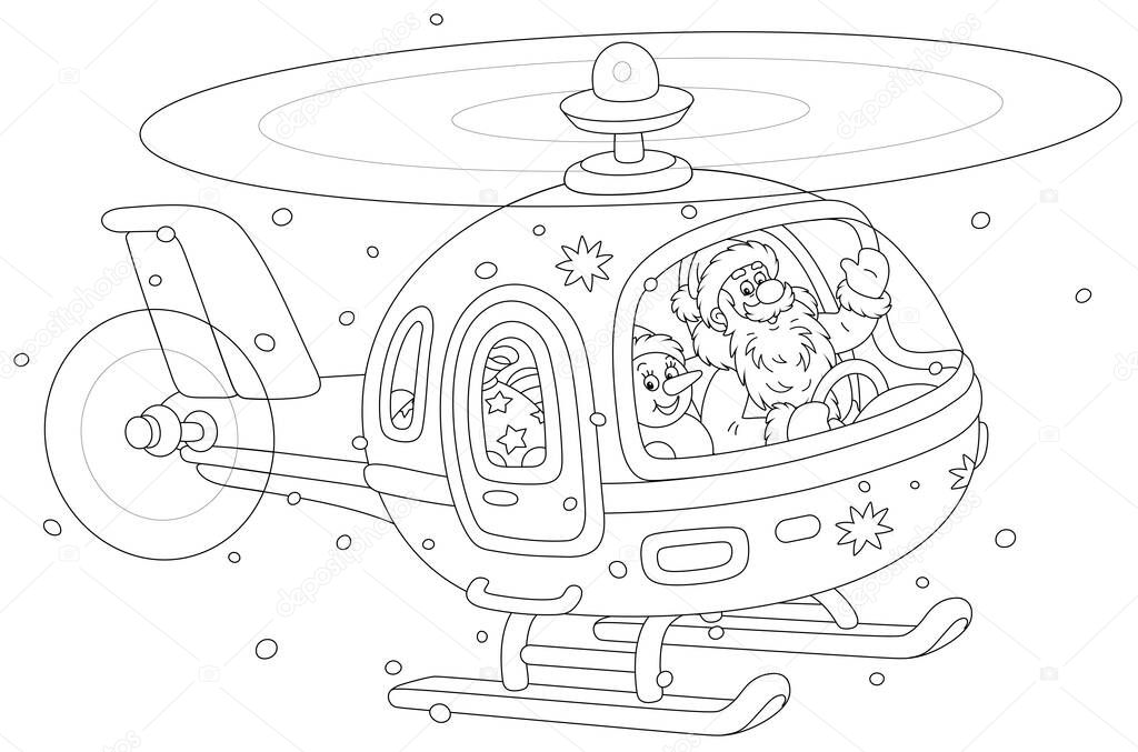 Santa Claus with a toy snowman friendly smiling, waving in greeting and piloting a helicopter with Christmas gifts, black and white outline vector cartoon illustration for a coloring book page