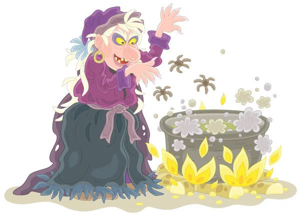 怒っているハロウィン魔女ささやき放蕩呪文と調理彼女の大きな釜でクモと黒の魔法のポーション 白い背景に隔離されたベクトル漫画イラスト — ストックベクタ
