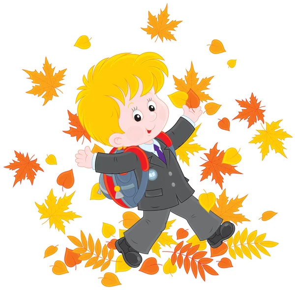 Schoolboy with autumn leaves — Stock Vector