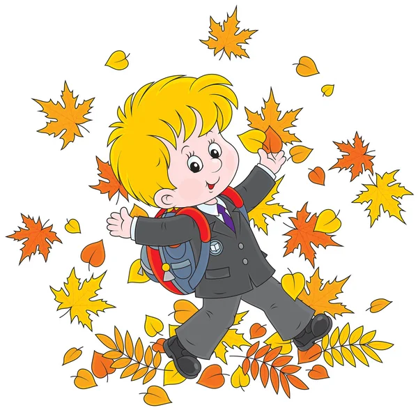 Schoolboy with autumn leaves — Stock Vector