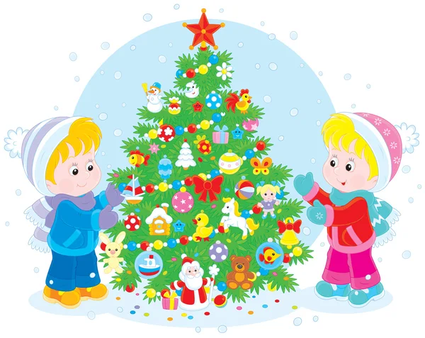 Kinderen en kerstboom — Stockvector