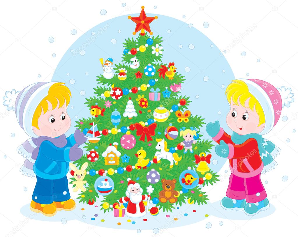 Children and Christmas tree