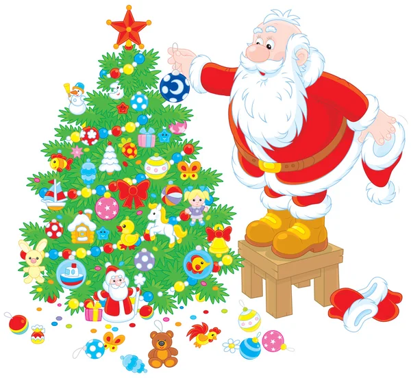 Santa Claus decorando un árbol de Navidad — Vector de stock