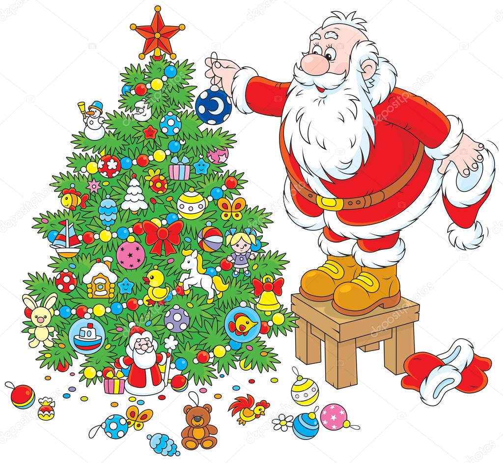 Santa Claus decorating a Christmas tree